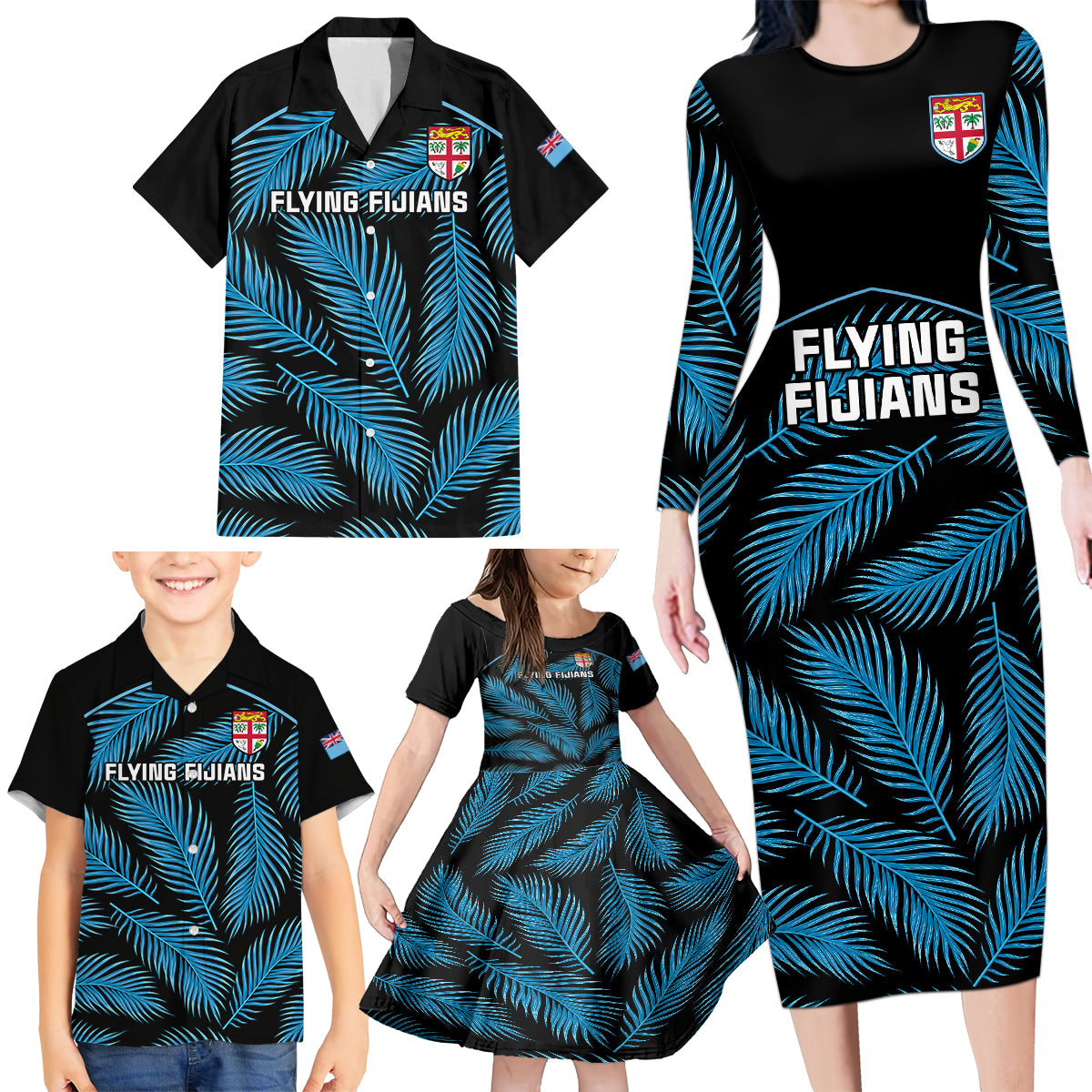 Fiji Rugby Family Matching Long Sleeve Bodycon Dress and Hawaiian Shirt Flying Fijians Blue Palm Tree Version - Wonder Print Shop
