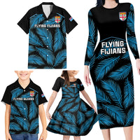 Fiji Rugby Family Matching Long Sleeve Bodycon Dress and Hawaiian Shirt Flying Fijians Blue Palm Tree Version - Wonder Print Shop