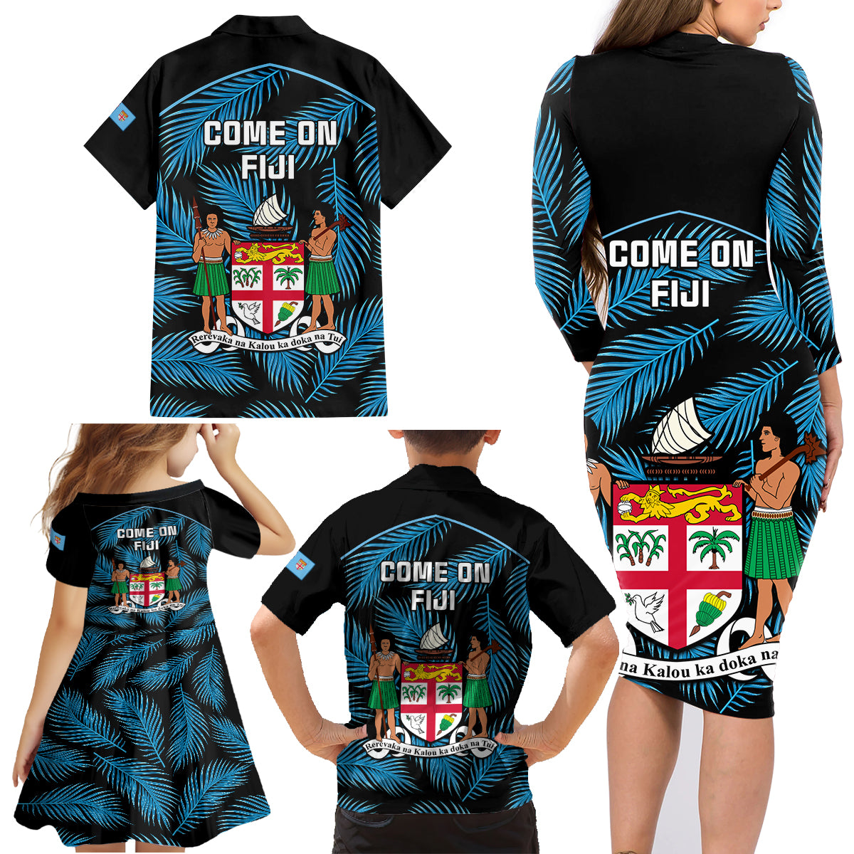 Fiji Rugby Family Matching Long Sleeve Bodycon Dress and Hawaiian Shirt Flying Fijians Blue Palm Tree Version - Wonder Print Shop