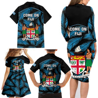 Fiji Rugby Family Matching Long Sleeve Bodycon Dress and Hawaiian Shirt Flying Fijians Blue Palm Tree Version - Wonder Print Shop