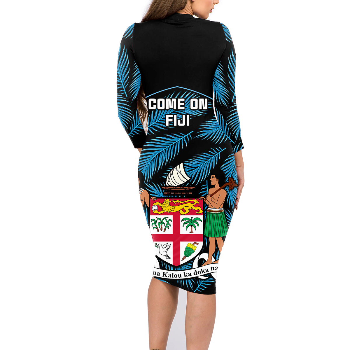 Fiji Rugby Family Matching Long Sleeve Bodycon Dress and Hawaiian Shirt Flying Fijians Blue Palm Tree Version - Wonder Print Shop
