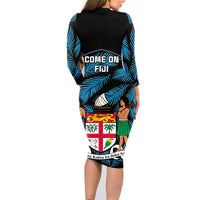 Fiji Rugby Family Matching Long Sleeve Bodycon Dress and Hawaiian Shirt Flying Fijians Blue Palm Tree Version - Wonder Print Shop