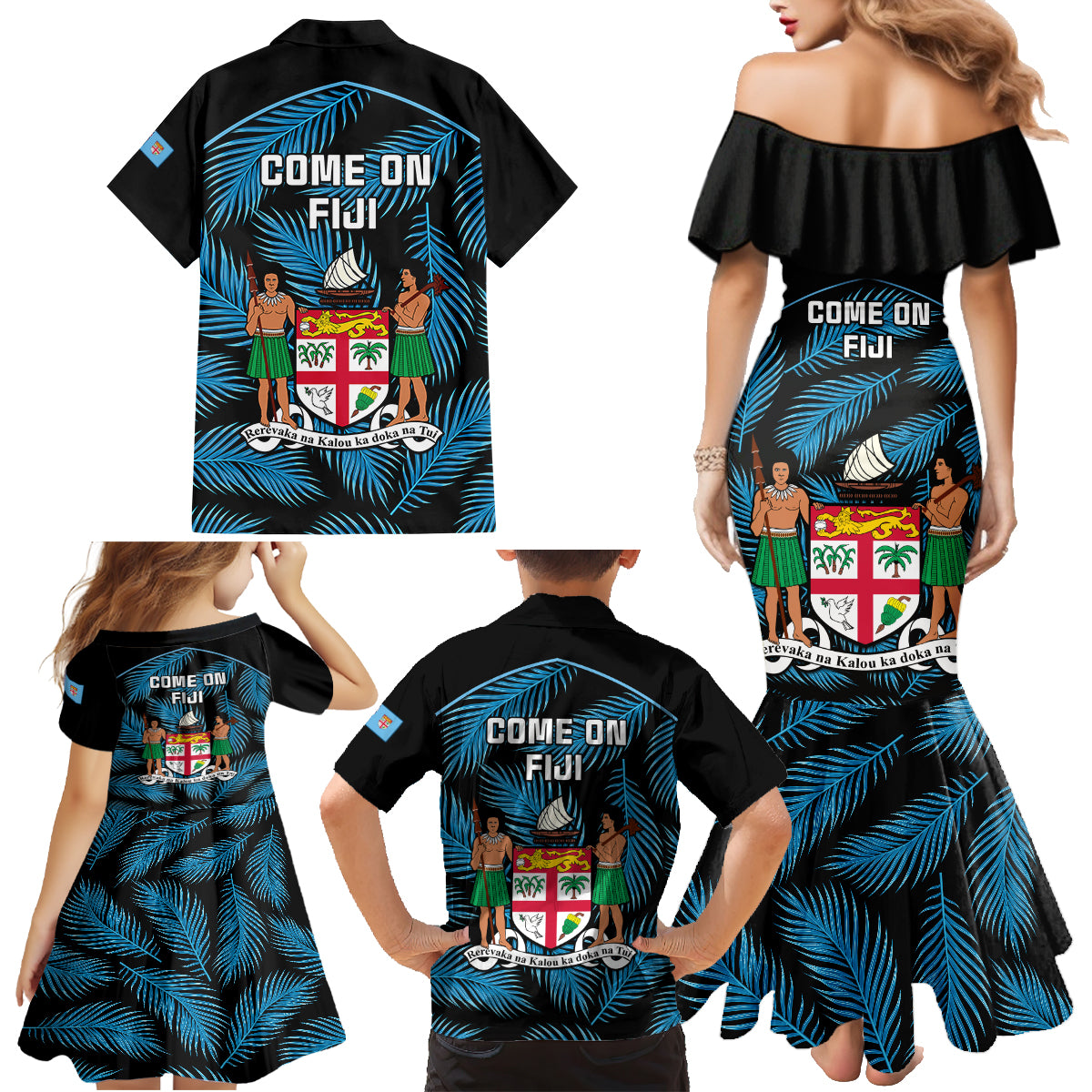 Fiji Rugby Family Matching Mermaid Dress and Hawaiian Shirt Flying Fijians Blue Palm Tree Version - Wonder Print Shop
