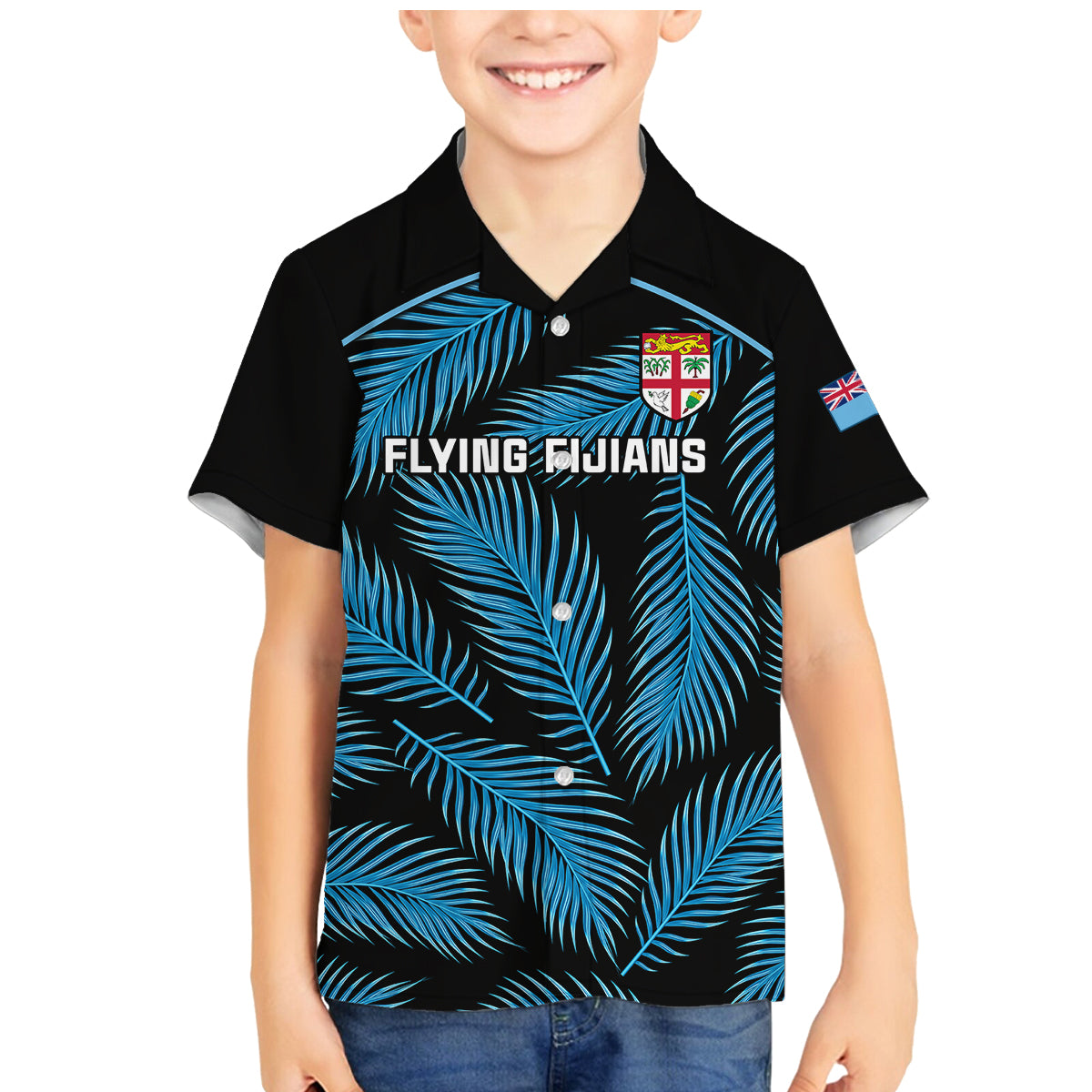 Fiji Rugby Family Matching Mermaid Dress and Hawaiian Shirt Flying Fijians Blue Palm Tree Version - Wonder Print Shop