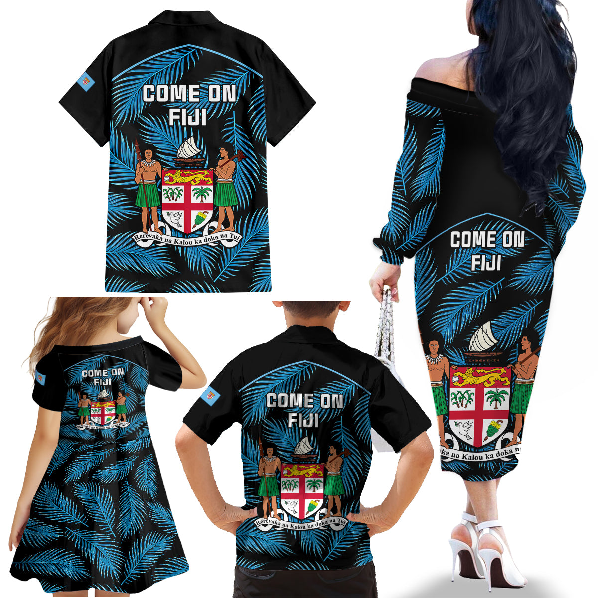 Fiji Rugby Family Matching Off Shoulder Long Sleeve Dress and Hawaiian Shirt Flying Fijians Blue Palm Tree Version - Wonder Print Shop