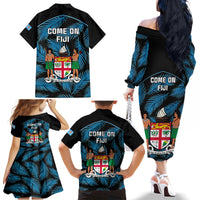 Fiji Rugby Family Matching Off Shoulder Long Sleeve Dress and Hawaiian Shirt Flying Fijians Blue Palm Tree Version - Wonder Print Shop