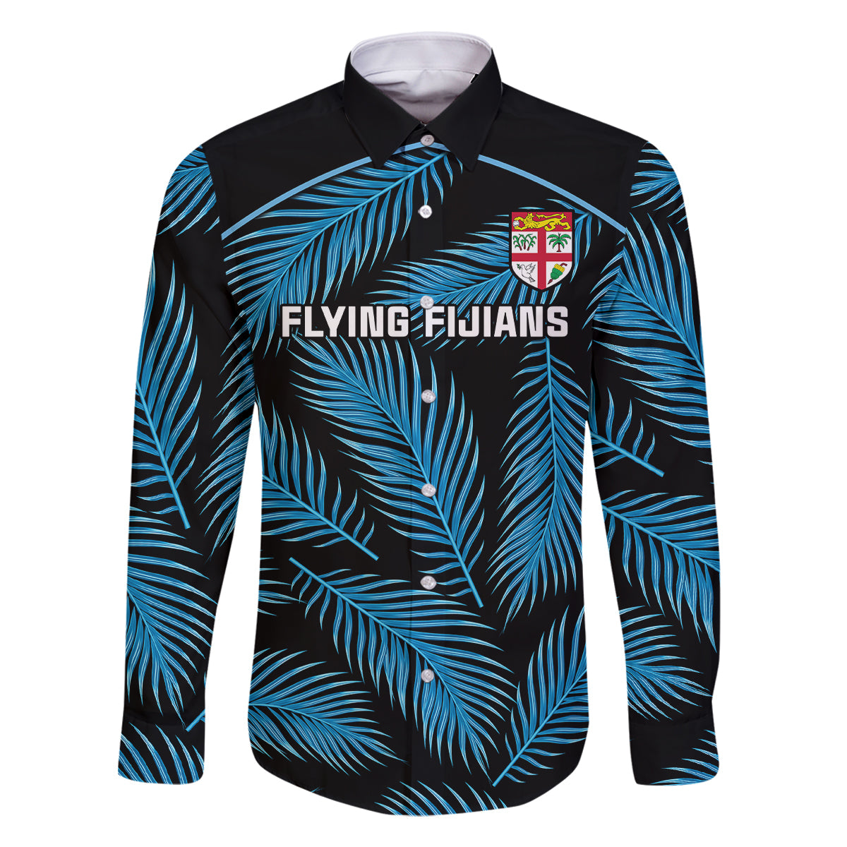 Fiji Rugby Family Matching Off Shoulder Long Sleeve Dress and Hawaiian Shirt Flying Fijians Blue Palm Tree Version - Wonder Print Shop