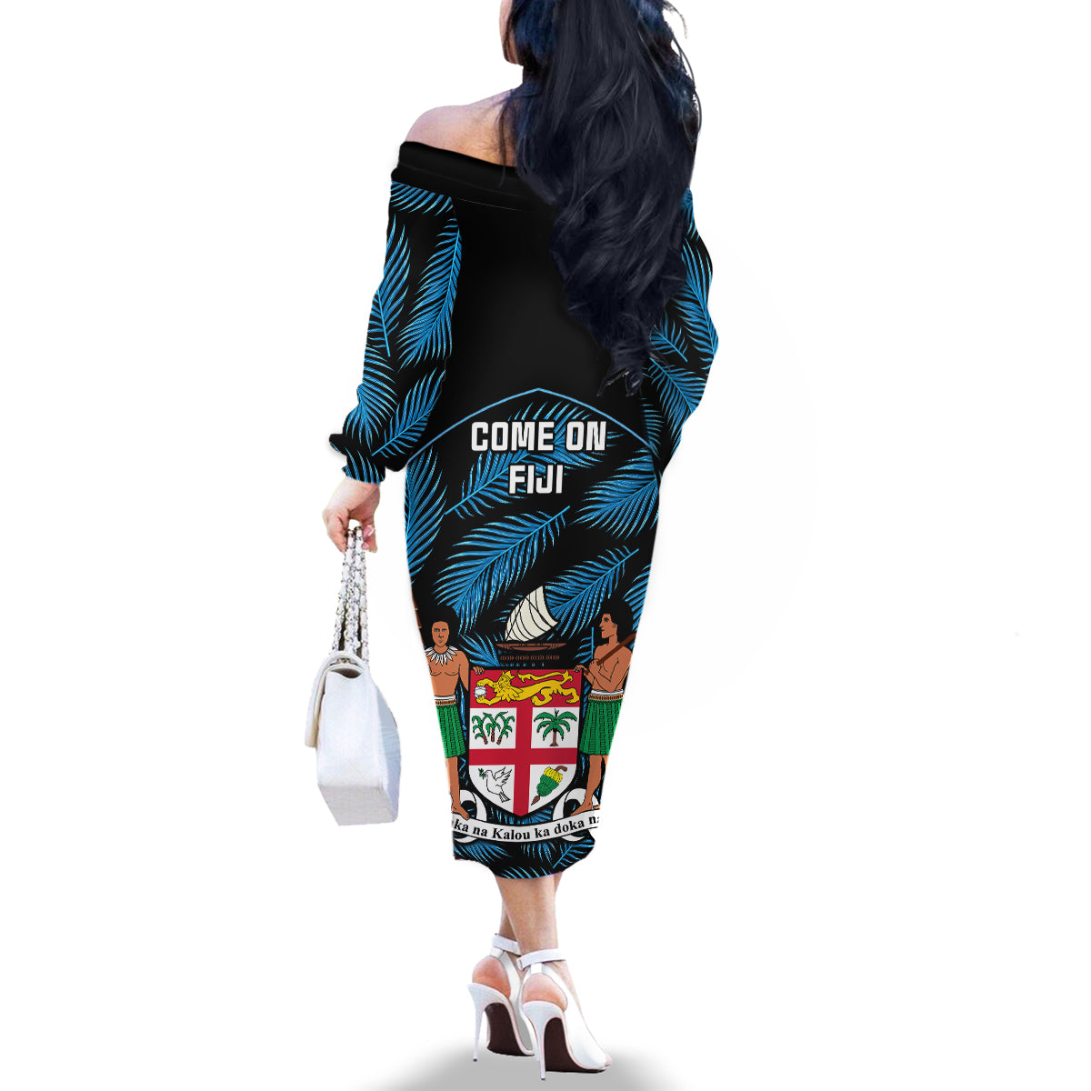 Fiji Rugby Family Matching Off Shoulder Long Sleeve Dress and Hawaiian Shirt Flying Fijians Blue Palm Tree Version - Wonder Print Shop