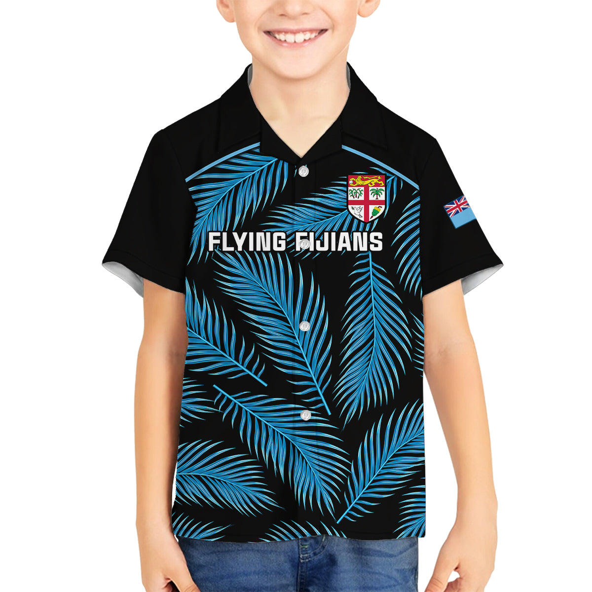 Fiji Rugby Family Matching Off Shoulder Long Sleeve Dress and Hawaiian Shirt Flying Fijians Blue Palm Tree Version - Wonder Print Shop