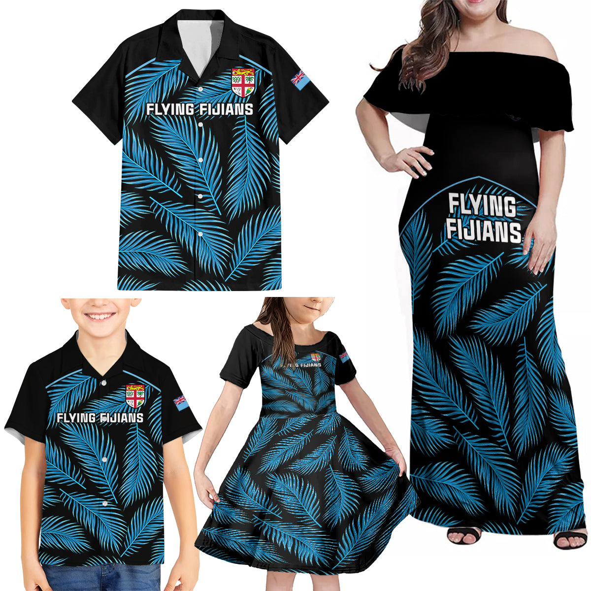 Fiji Rugby Family Matching Off Shoulder Maxi Dress and Hawaiian Shirt Flying Fijians Blue Palm Tree Version - Wonder Print Shop