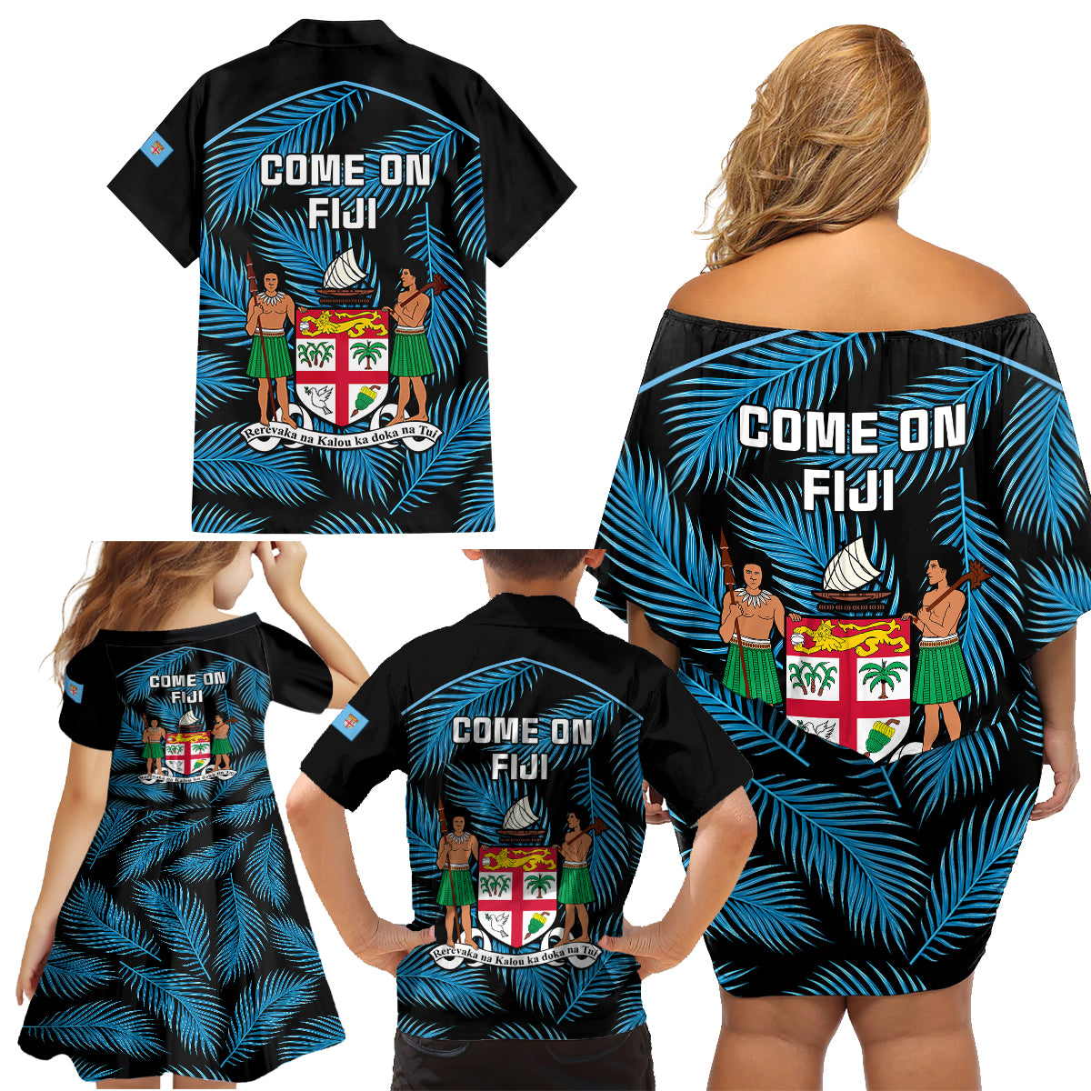 Fiji Rugby Family Matching Off Shoulder Short Dress and Hawaiian Shirt Flying Fijians Blue Palm Tree Version - Wonder Print Shop