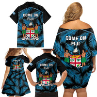 Fiji Rugby Family Matching Off Shoulder Short Dress and Hawaiian Shirt Flying Fijians Blue Palm Tree Version - Wonder Print Shop