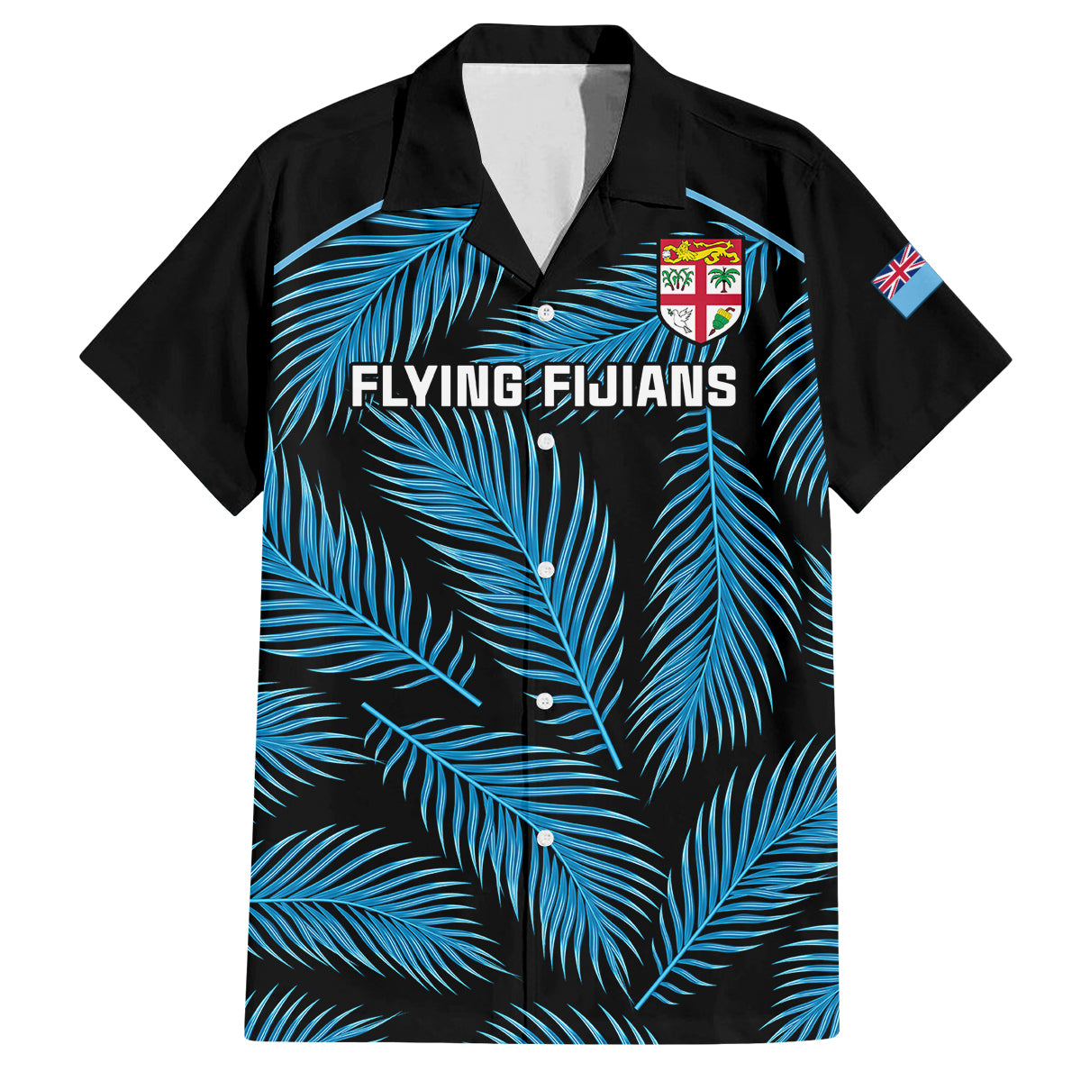 Fiji Rugby Family Matching Off Shoulder Short Dress and Hawaiian Shirt Flying Fijians Blue Palm Tree Version - Wonder Print Shop