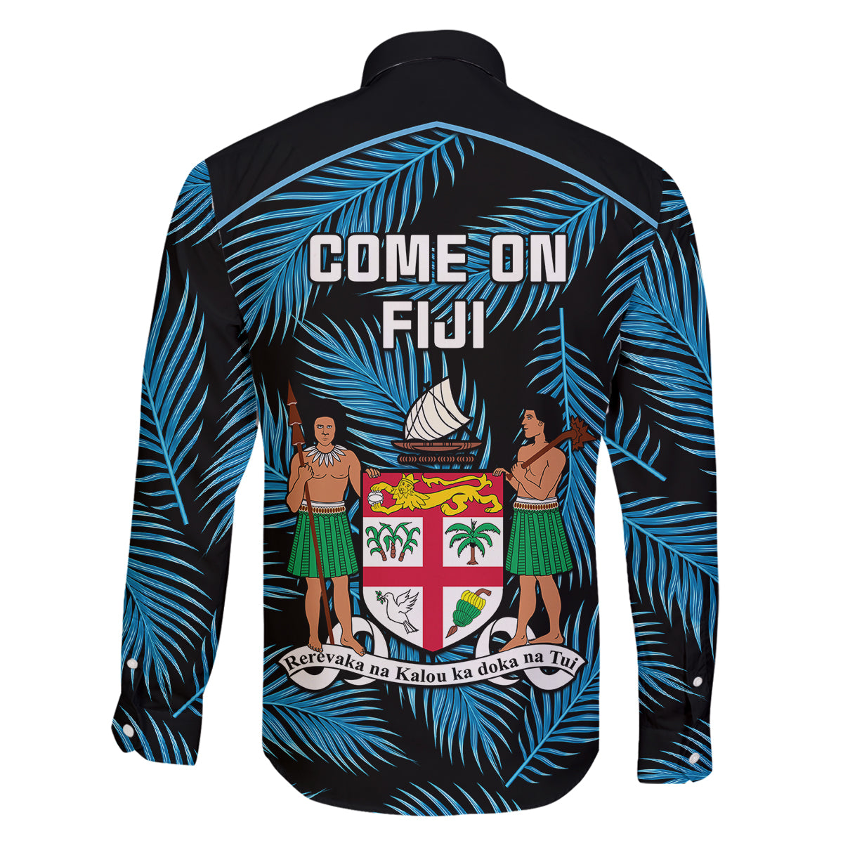 Fiji Rugby Family Matching Off Shoulder Short Dress and Hawaiian Shirt Flying Fijians Blue Palm Tree Version - Wonder Print Shop