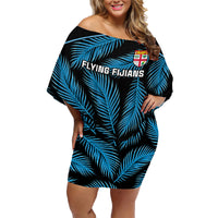 Fiji Rugby Family Matching Off Shoulder Short Dress and Hawaiian Shirt Flying Fijians Blue Palm Tree Version - Wonder Print Shop