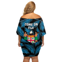 Fiji Rugby Family Matching Off Shoulder Short Dress and Hawaiian Shirt Flying Fijians Blue Palm Tree Version - Wonder Print Shop