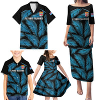 Fiji Rugby Family Matching Puletasi Dress and Hawaiian Shirt Flying Fijians Blue Palm Tree Version - Wonder Print Shop