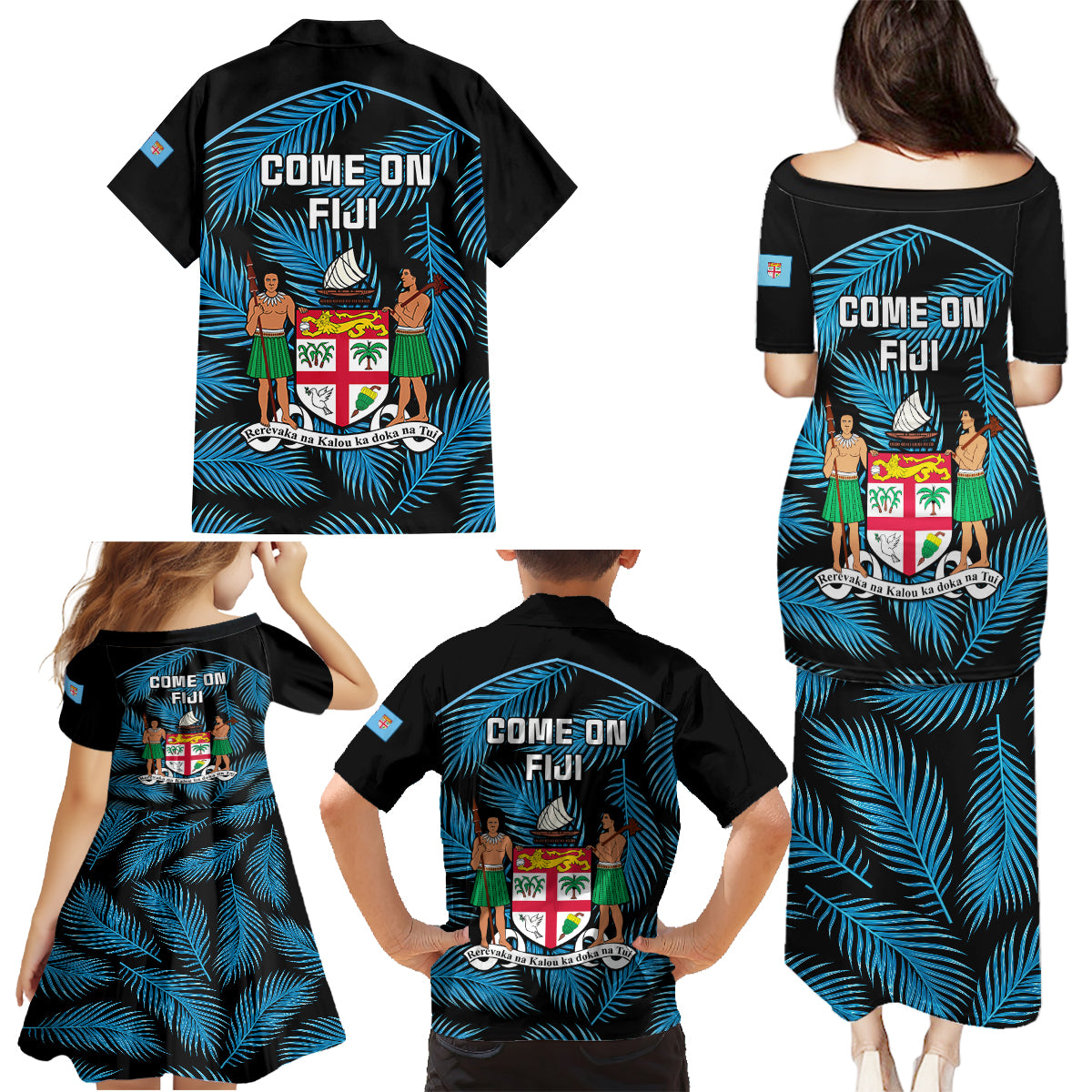 Fiji Rugby Family Matching Puletasi Dress and Hawaiian Shirt Flying Fijians Blue Palm Tree Version - Wonder Print Shop