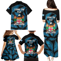 Fiji Rugby Family Matching Puletasi Dress and Hawaiian Shirt Flying Fijians Blue Palm Tree Version - Wonder Print Shop