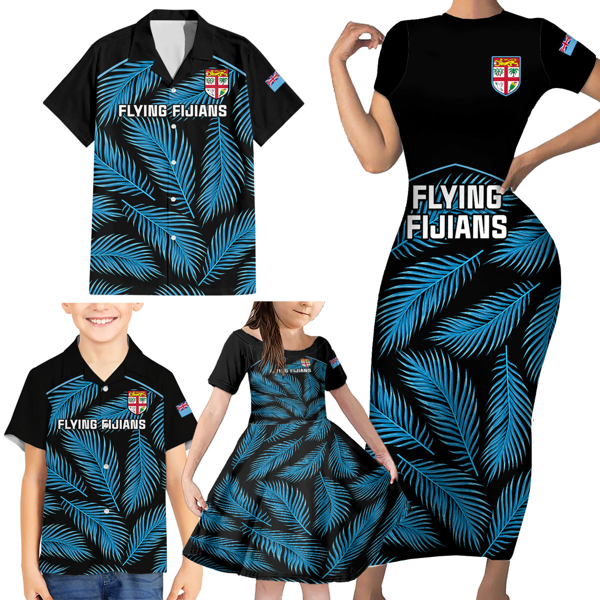 Fiji Rugby Family Matching Short Sleeve Bodycon Dress and Hawaiian Shirt Flying Fijians Blue Palm Tree Version - Wonder Print Shop