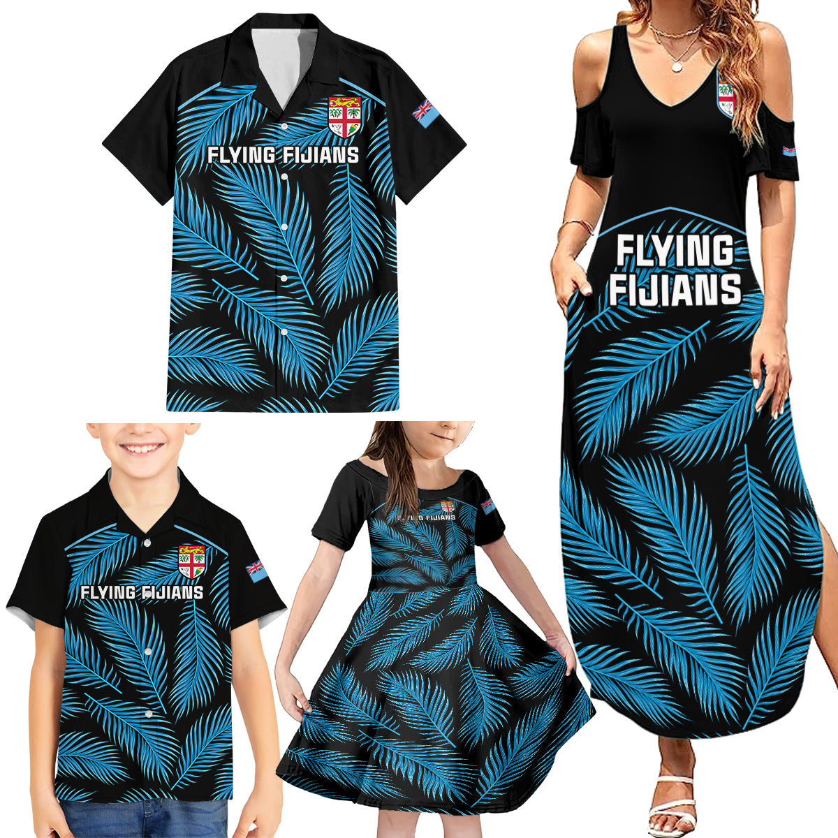 Fiji Rugby Family Matching Summer Maxi Dress and Hawaiian Shirt Flying Fijians Blue Palm Tree Version - Wonder Print Shop