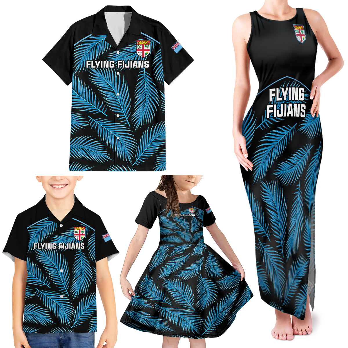 Fiji Rugby Family Matching Tank Maxi Dress and Hawaiian Shirt Flying Fijians Blue Palm Tree Version - Wonder Print Shop
