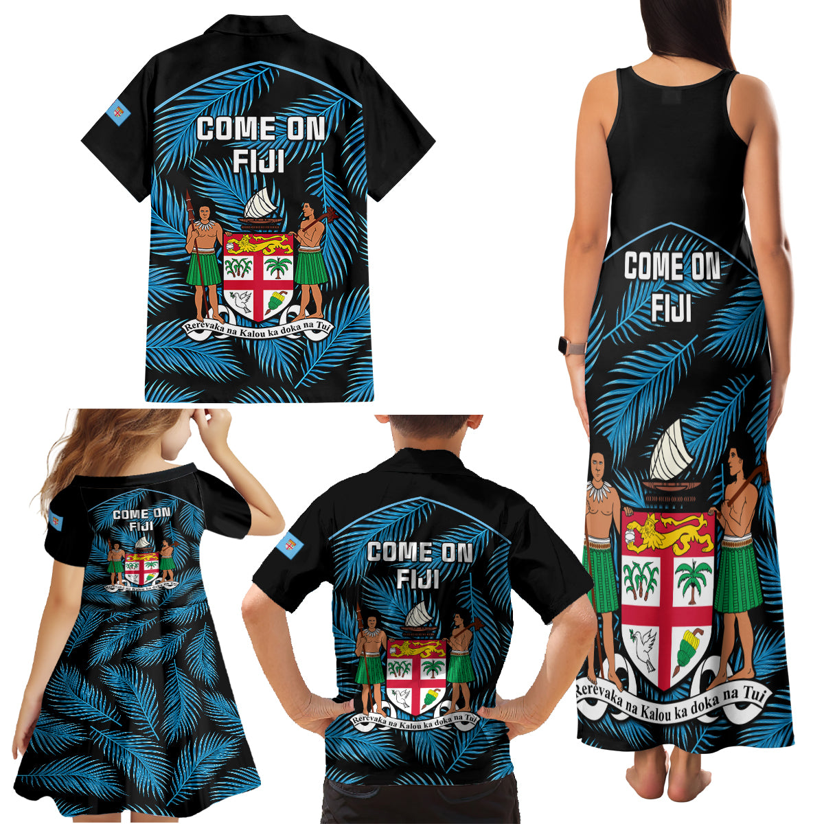 Fiji Rugby Family Matching Tank Maxi Dress and Hawaiian Shirt Flying Fijians Blue Palm Tree Version - Wonder Print Shop