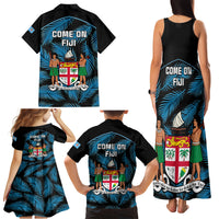 Fiji Rugby Family Matching Tank Maxi Dress and Hawaiian Shirt Flying Fijians Blue Palm Tree Version - Wonder Print Shop