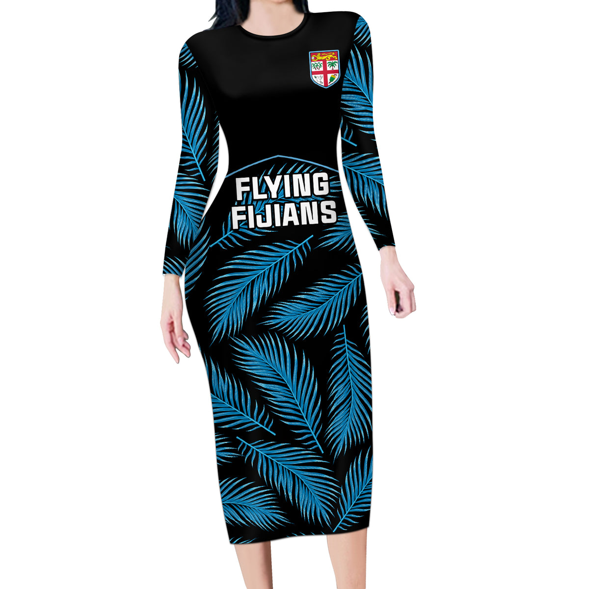 Fiji Rugby Long Sleeve Bodycon Dress Flying Fijians Blue Palm Tree Version - Wonder Print Shop