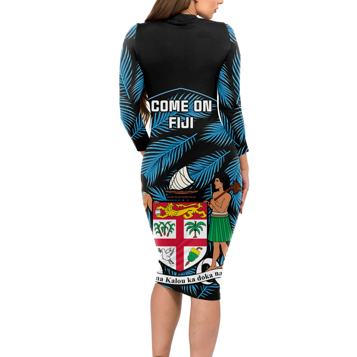 Fiji Rugby Long Sleeve Bodycon Dress Flying Fijians Blue Palm Tree Version - Wonder Print Shop
