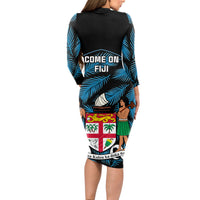 Fiji Rugby Long Sleeve Bodycon Dress Flying Fijians Blue Palm Tree Version - Wonder Print Shop