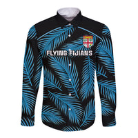 Fiji Rugby Long Sleeve Button Shirt Flying Fijians Blue Palm Tree Version - Wonder Print Shop
