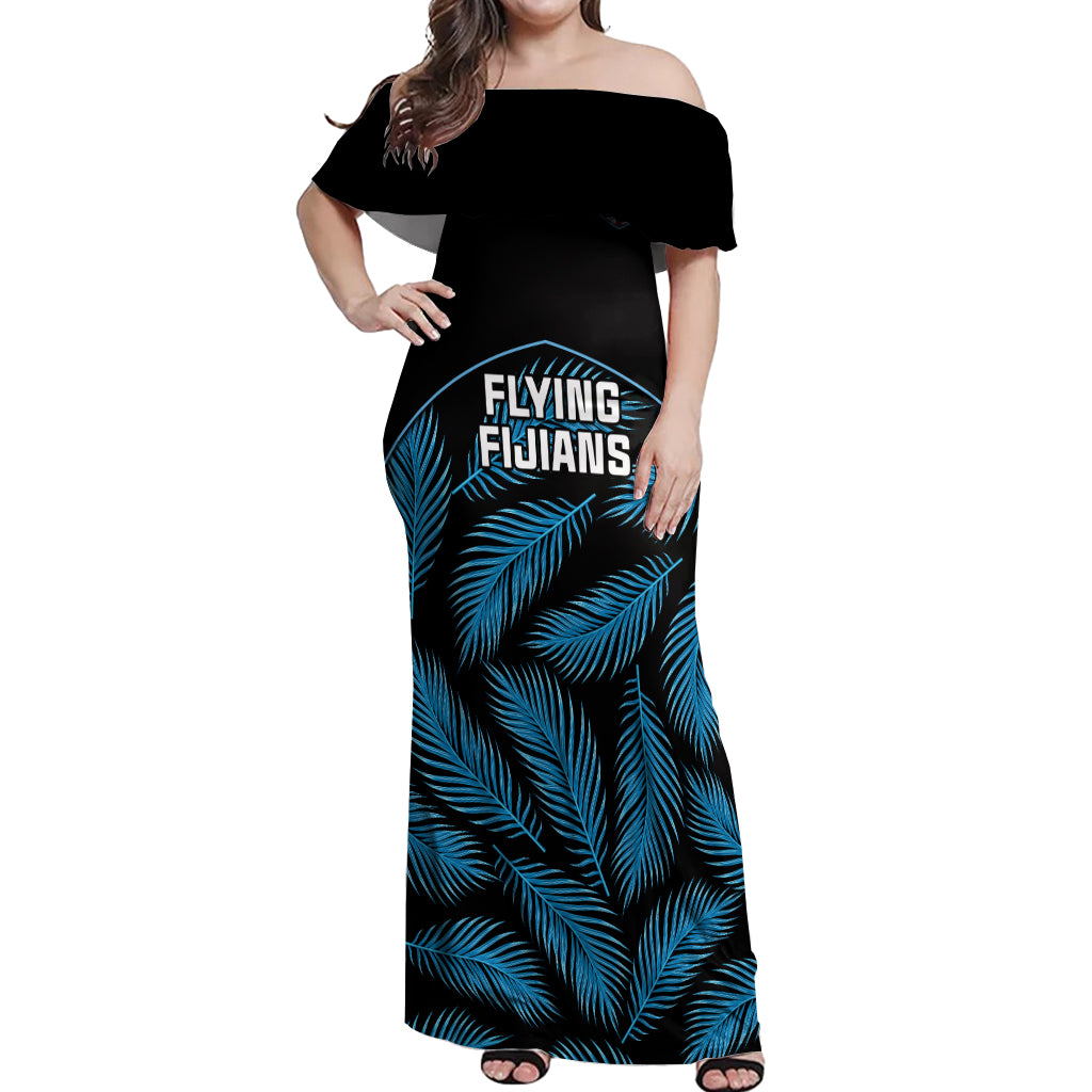 Fiji Rugby Off Shoulder Maxi Dress Flying Fijians Blue Palm Tree Version - Wonder Print Shop