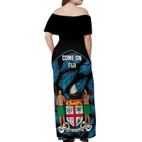 Fiji Rugby Off Shoulder Maxi Dress Flying Fijians Blue Palm Tree Version - Wonder Print Shop