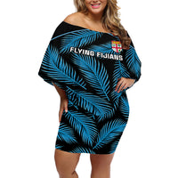 Fiji Rugby Off Shoulder Short Dress Flying Fijians Blue Palm Tree Version - Wonder Print Shop