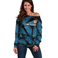 Fiji Rugby Off Shoulder Sweater Flying Fijians Blue Palm Tree Version - Wonder Print Shop