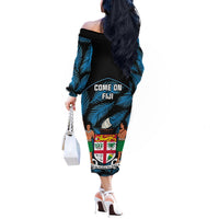 Fiji Rugby Off The Shoulder Long Sleeve Dress Flying Fijians Blue Palm Tree Version - Wonder Print Shop
