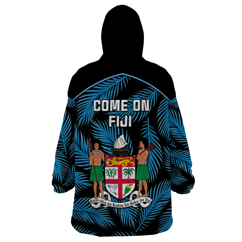 Fiji Rugby Wearable Blanket Hoodie Flying Fijians Blue Palm Tree Version - Wonder Print Shop