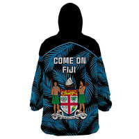 Fiji Rugby Wearable Blanket Hoodie Flying Fijians Blue Palm Tree Version - Wonder Print Shop