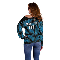 Custom Fiji Rugby Off Shoulder Sweater Flying Fijians Blue Palm Tree Version - Wonder Print Shop