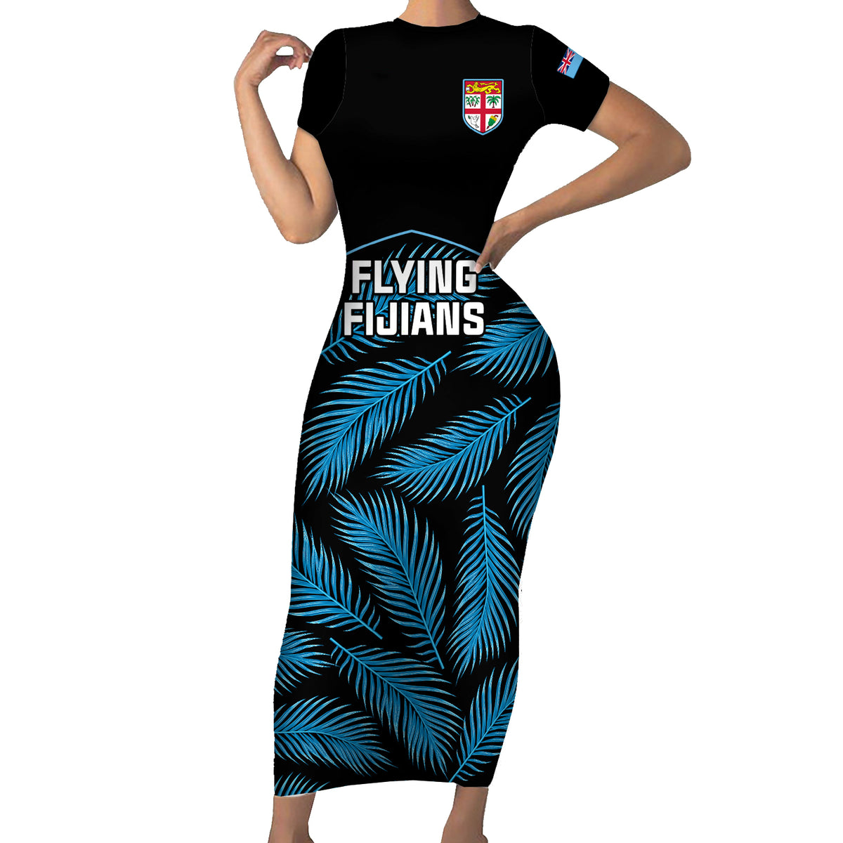 Custom Fiji Rugby Short Sleeve Bodycon Dress Flying Fijians Blue Palm Tree Version - Wonder Print Shop