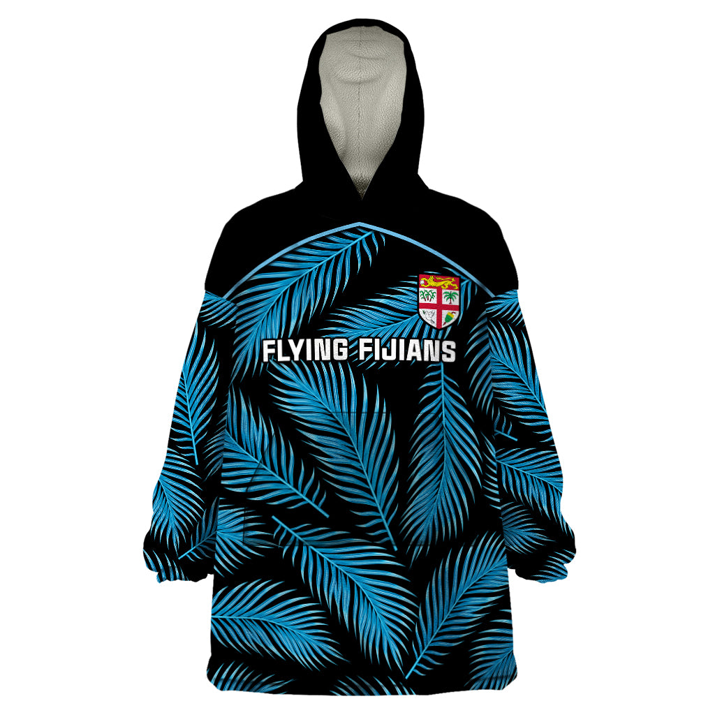 Custom Fiji Rugby Wearable Blanket Hoodie Flying Fijians Blue Palm Tree Version - Wonder Print Shop