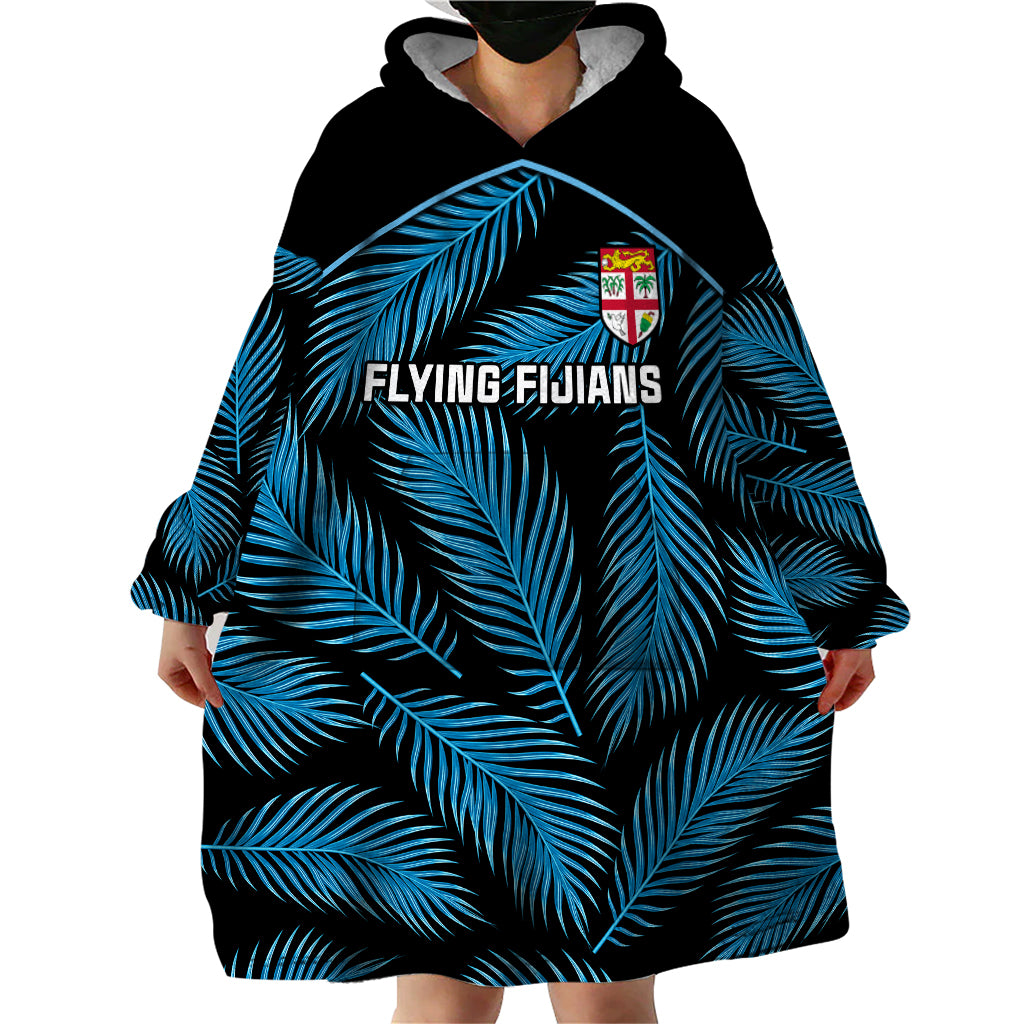 Custom Fiji Rugby Wearable Blanket Hoodie Flying Fijians Blue Palm Tree Version - Wonder Print Shop