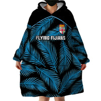 Custom Fiji Rugby Wearable Blanket Hoodie Flying Fijians Blue Palm Tree Version - Wonder Print Shop
