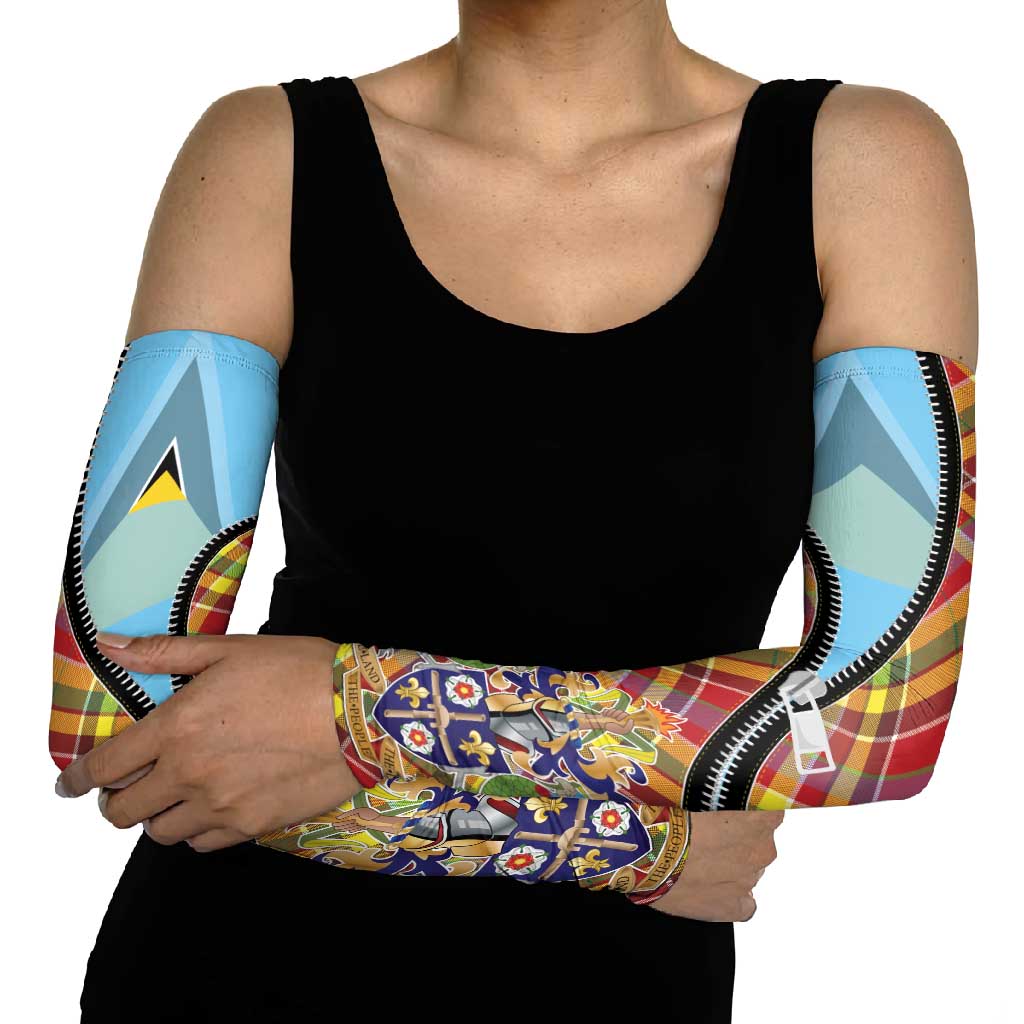 Saint Lucia Creole Day Arm Sleeves Madras Pattern Zipper Stylized - Wonder Print Shop