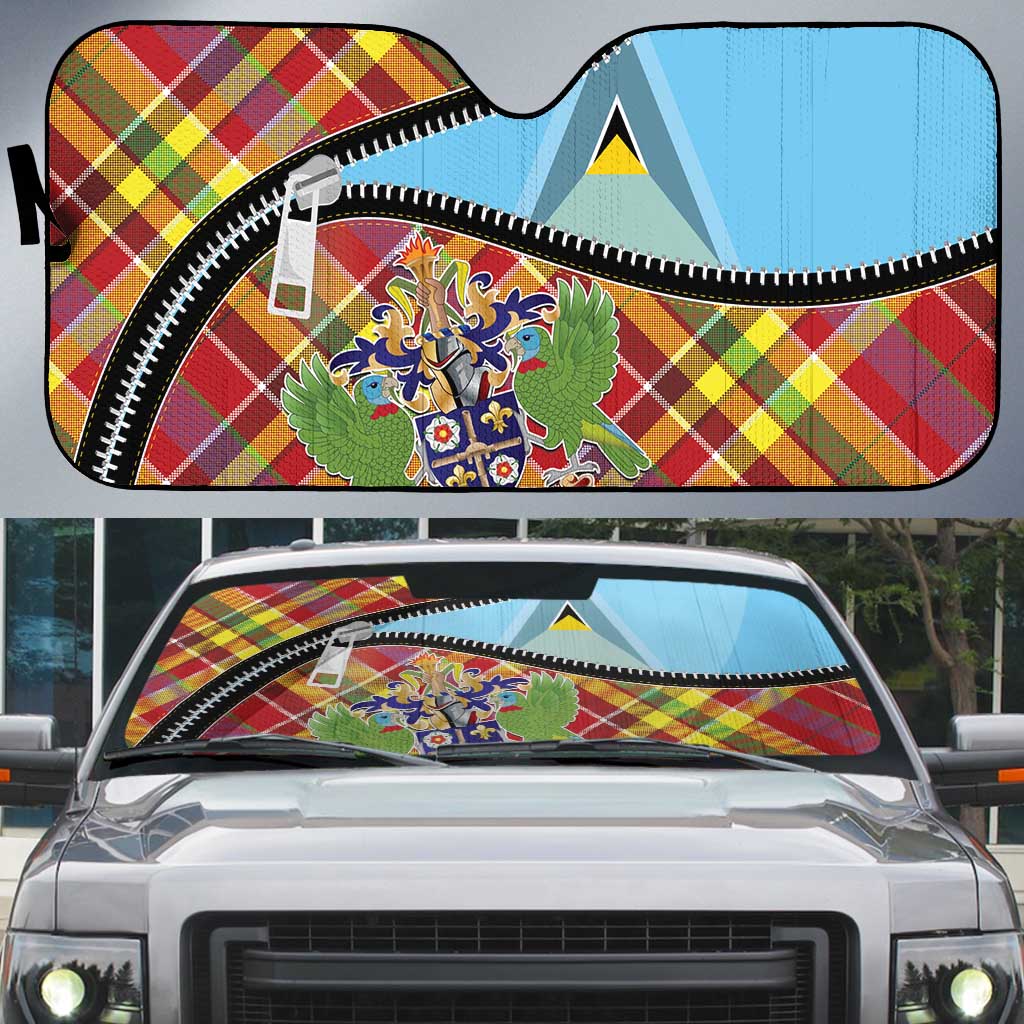Saint Lucia Creole Day Auto Sun Shade Madras Pattern Zipper Stylized - Wonder Print Shop
