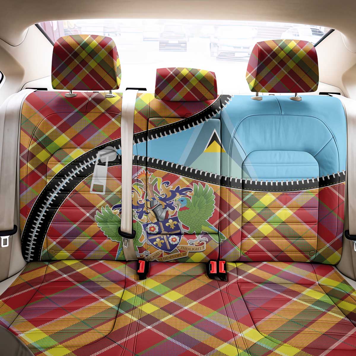 Saint Lucia Creole Day Back Car Seat Cover Madras Pattern Zipper Stylized - Wonder Print Shop
