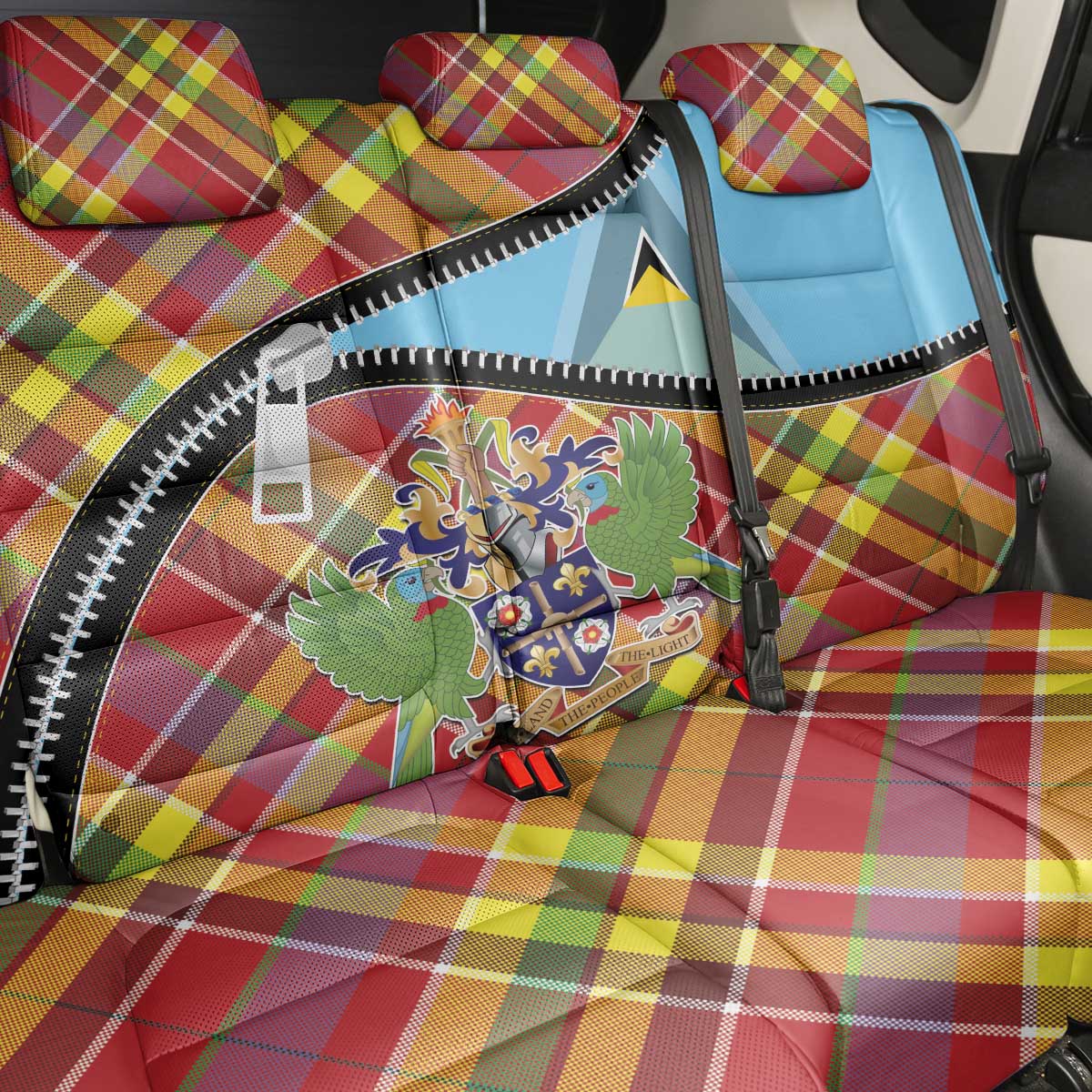Saint Lucia Creole Day Back Car Seat Cover Madras Pattern Zipper Stylized - Wonder Print Shop