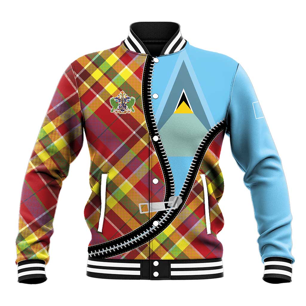 Saint Lucia Creole Day Baseball Jacket Madras Pattern Zipper Stylized - Wonder Print Shop