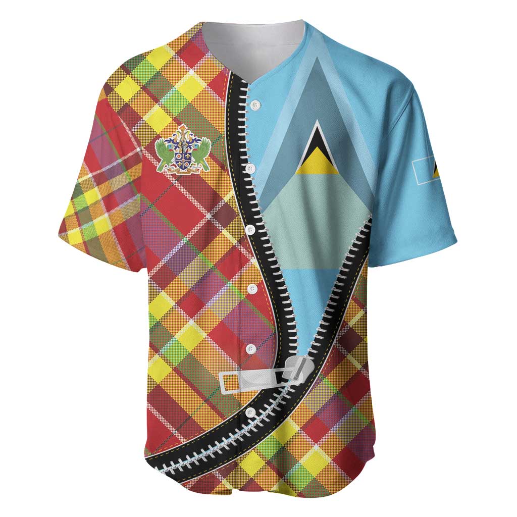 Saint Lucia Creole Day Baseball Jersey Madras Pattern Zipper Stylized - Wonder Print Shop